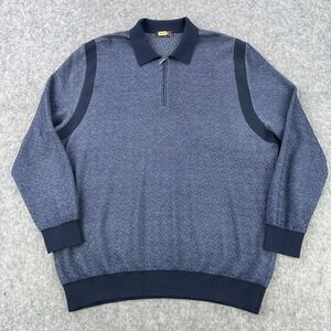 Zilli Sweater Mens 58 Blue Geometric Wool Silk 1/2 Zip Collared Knit Made Italy